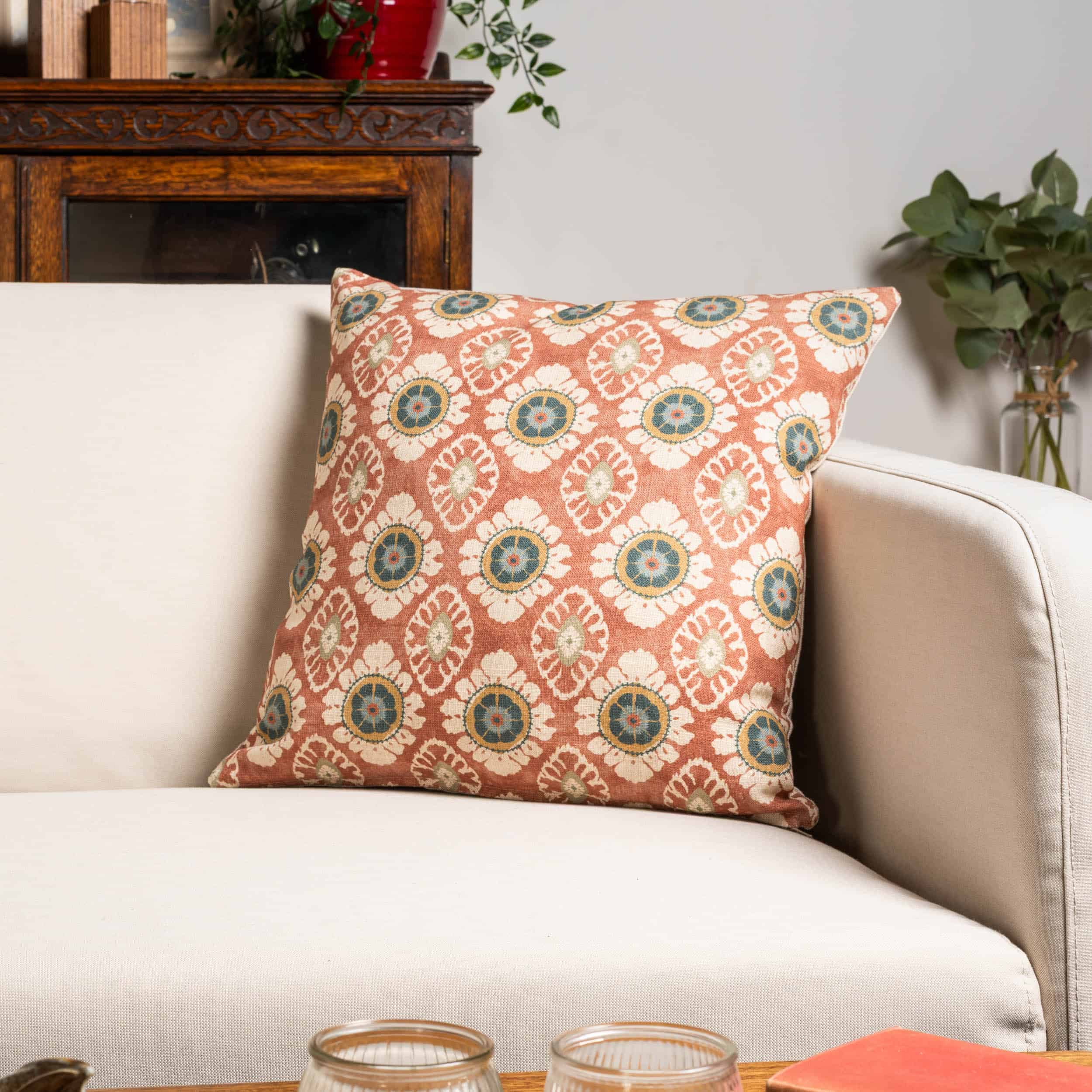 Mandala Motif Linen Print Cushion in Rust