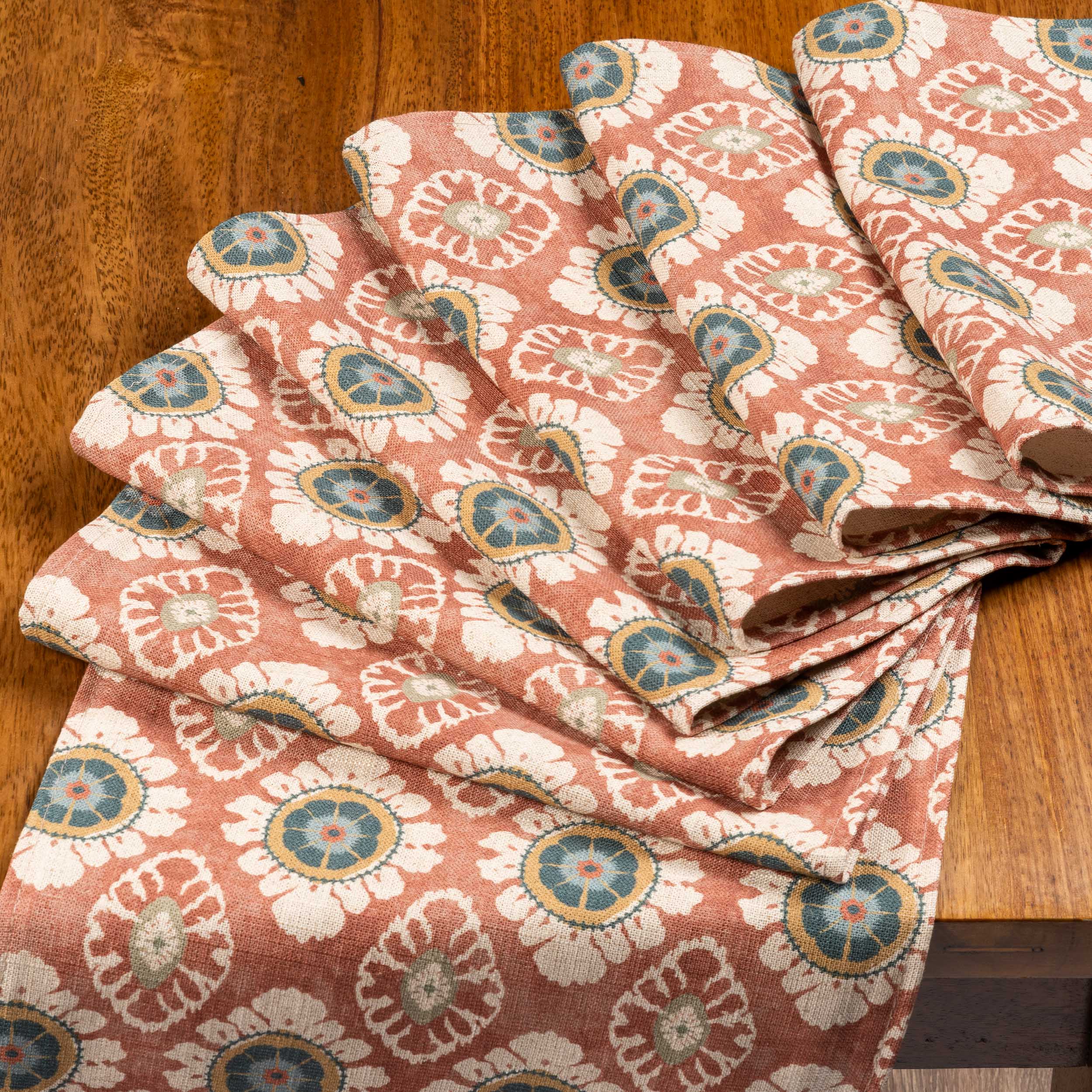 Mandala Motif Linen Print Table Runner in Rust