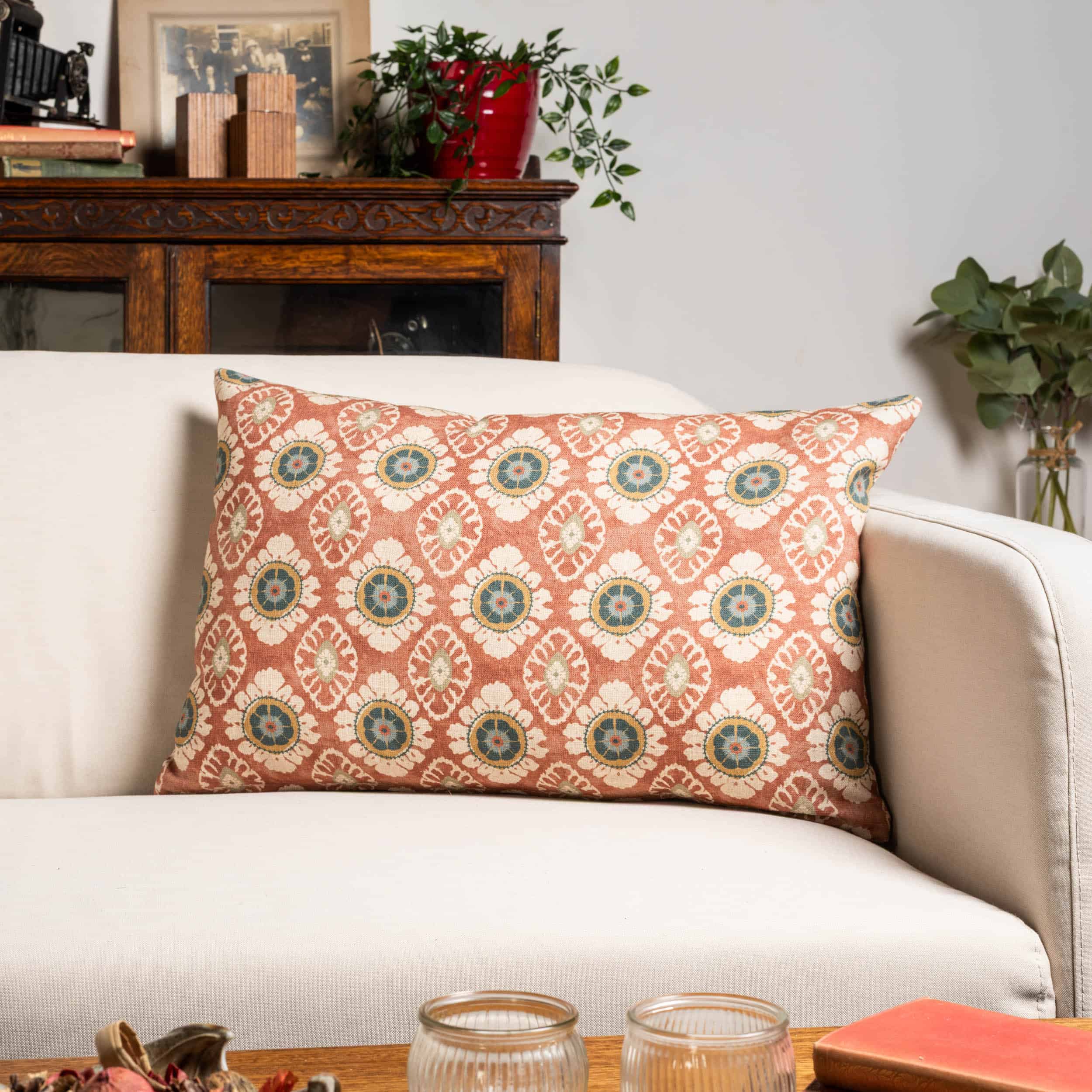 Mandala Motif Linen Print XL Rectangular Cushion in Rust