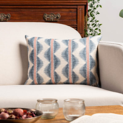 Seville Stripe Linen Blend Boudoir Cushion in Indigo Blue and Red