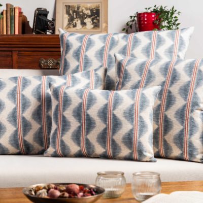Seville Stripe Linen Blend Boudoir Cushion in Indigo Blue and Red