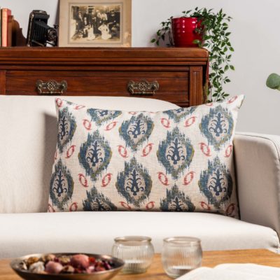 Saffron Motif Linen Blend XL Rectangular Cushion in Indigo Blue