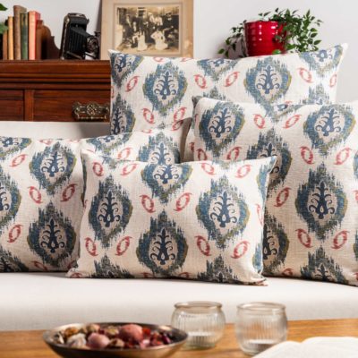Saffron Motif Linen Blend XL Rectangular Cushion in Indigo Blue