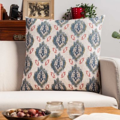 Saffron Motif Linen Blend Extra-Large Cushion in Indigo Blue