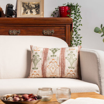 Saffron Stripe Linen Blend Boudoir Cushion in Terracotta