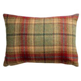 Glenmore Wool Check Boudoir Cushion in Moss Green and Cranberry