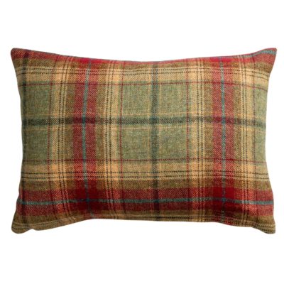 Glenmore Wool Check Boudoir Cushion in Moss Green and Cranberry