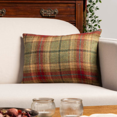 Glenmore Wool Check Boudoir Cushion in Moss Green and Cranberry
