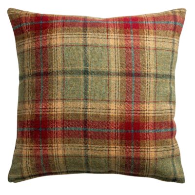 Glenmore Wool Check Cushion in Moss Green and Cranberry