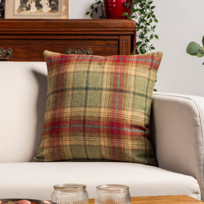 Glenmore Wool Check Cushion in Moss Green and Cranberry