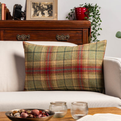 Glenmore Wool Check XL Rectangular Cushion in Moss Green and Cranberry