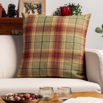 Glenmore Wool Check Extra-Large Cushion in Moss Green and Cranberry