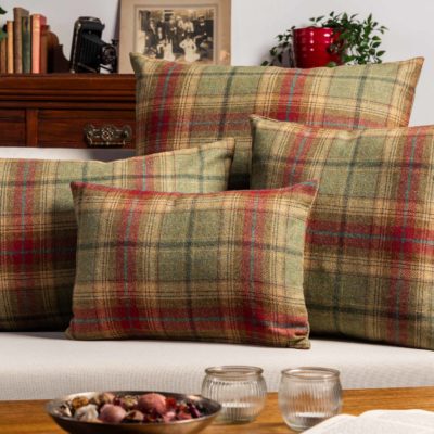 Glenmore Wool Check Extra-Large Cushion in Moss Green and Cranberry