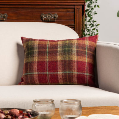 Glenmore Wool Check Boudoir Cushion in Autumn Red and Green