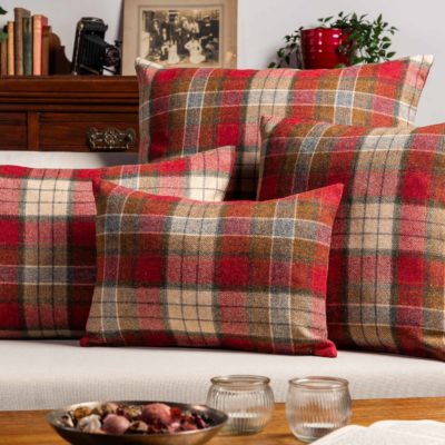 Lockwood Wool Check Boudoir Cushion in Cranberry Red