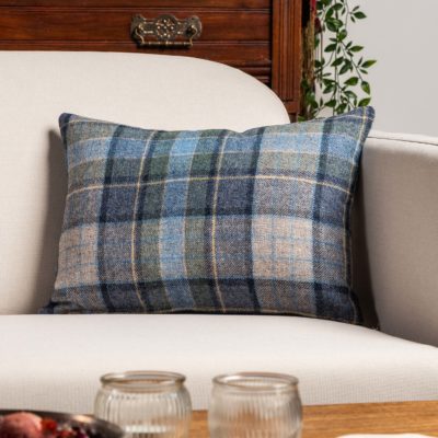 Lockwood Wool Check Boudoir Cushion in Denim Blue