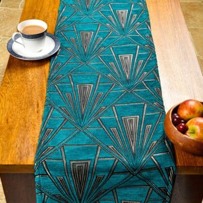 Art Deco Geometric Table Runner in Teal Blue and Silver