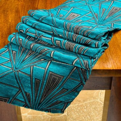 Art Deco Geometric Table Runner in Teal Blue and Silver