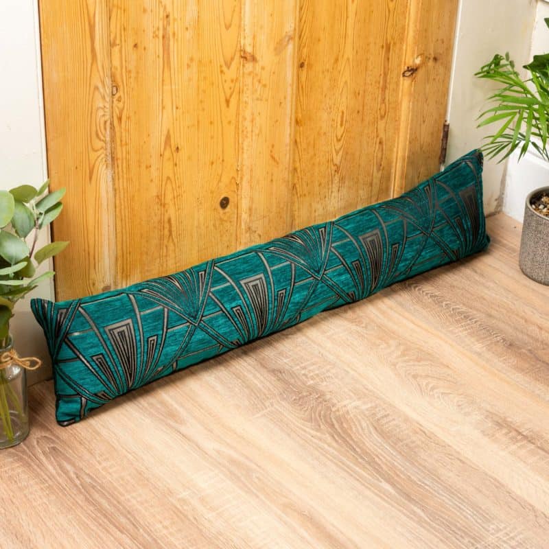 Art Deco Geometric Velvet Chenille Draught Excluder in Teal and Silver