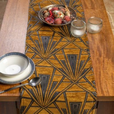 Art Deco Geometric Velvet Chenille Table Runner in Gold and Silver