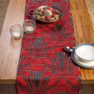 Art Deco Geometric Velvet Chenille Table Runner in Red and Silver
