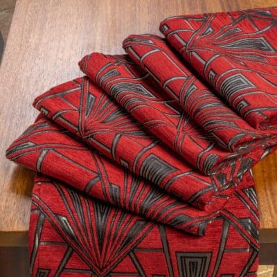 Art Deco Geometric Velvet Chenille Table Runner in Red and Silver