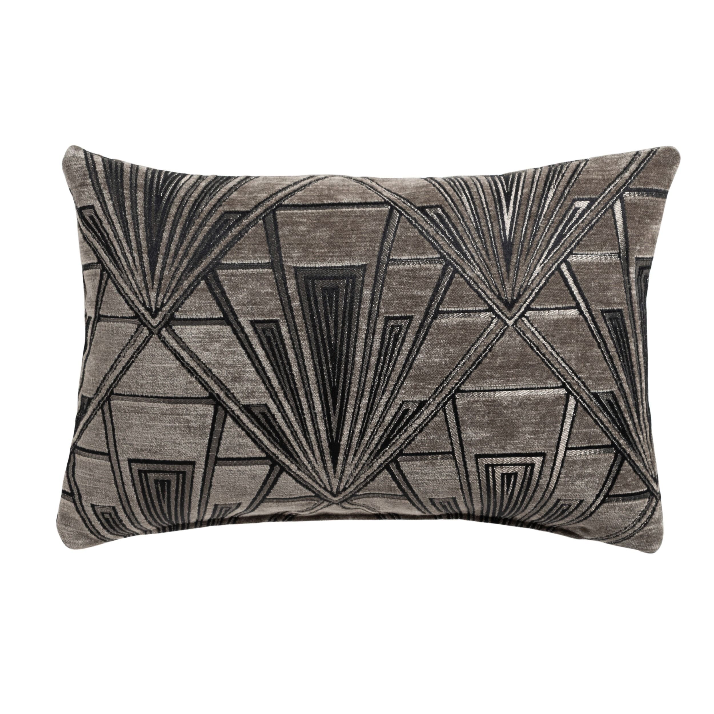 Art Deco Geometric Velvet Chenille Boudoir Cushion in Grey and Silver