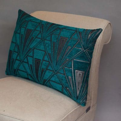 Art Deco Geometric Velvet Chenille XL Rectangular Cushion in Teal and Silver