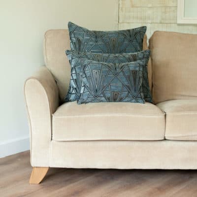 Art Deco Geometric Velvet Chenille Boudoir Cushion in Steel Blue