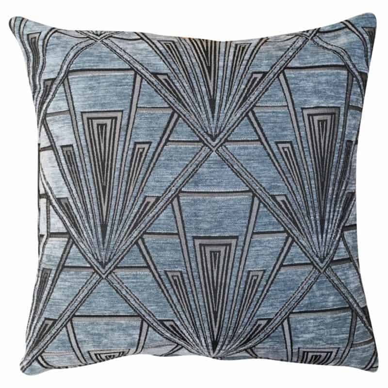 Art Deco Geometric Velvet Chenille Cushion in Steel Blue