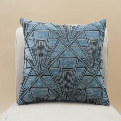 Art Deco Geometric Velvet Chenille Cushion in Steel Blue
