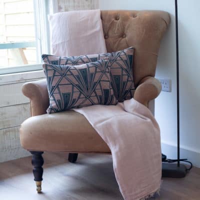 Art Deco Geometric Velvet Chenille Boudoir Cushion in Blush Pink