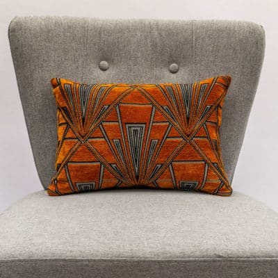 Art Deco Geometric Velvet Chenille Boudoir Cushion in Burnt Orange and Silver