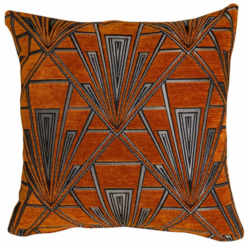 Art Deco Geometric Velvet Chenille Cushion in Burnt Orange and Silver