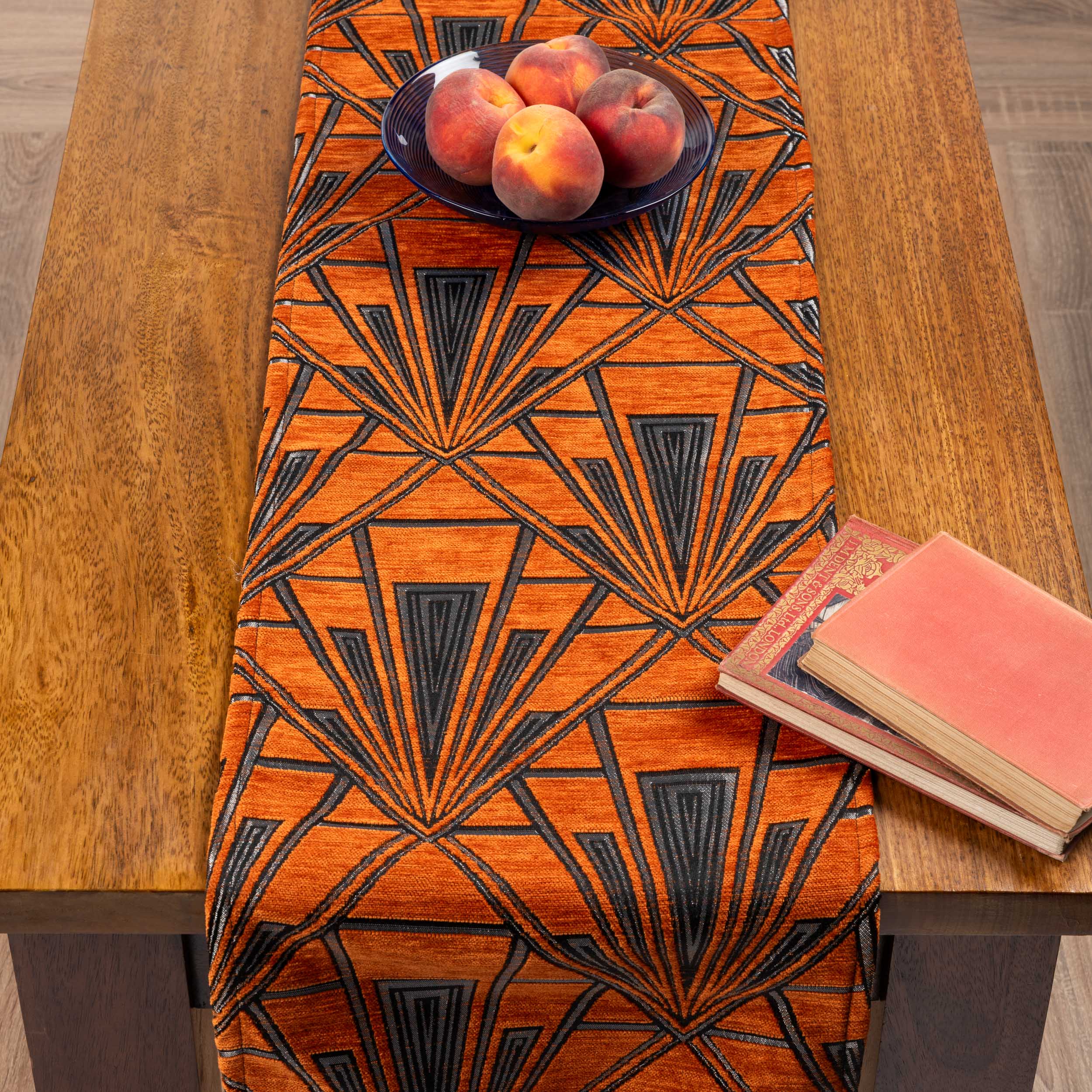 Art Deco Geometric Table Runner in Burnt Orange and Silver