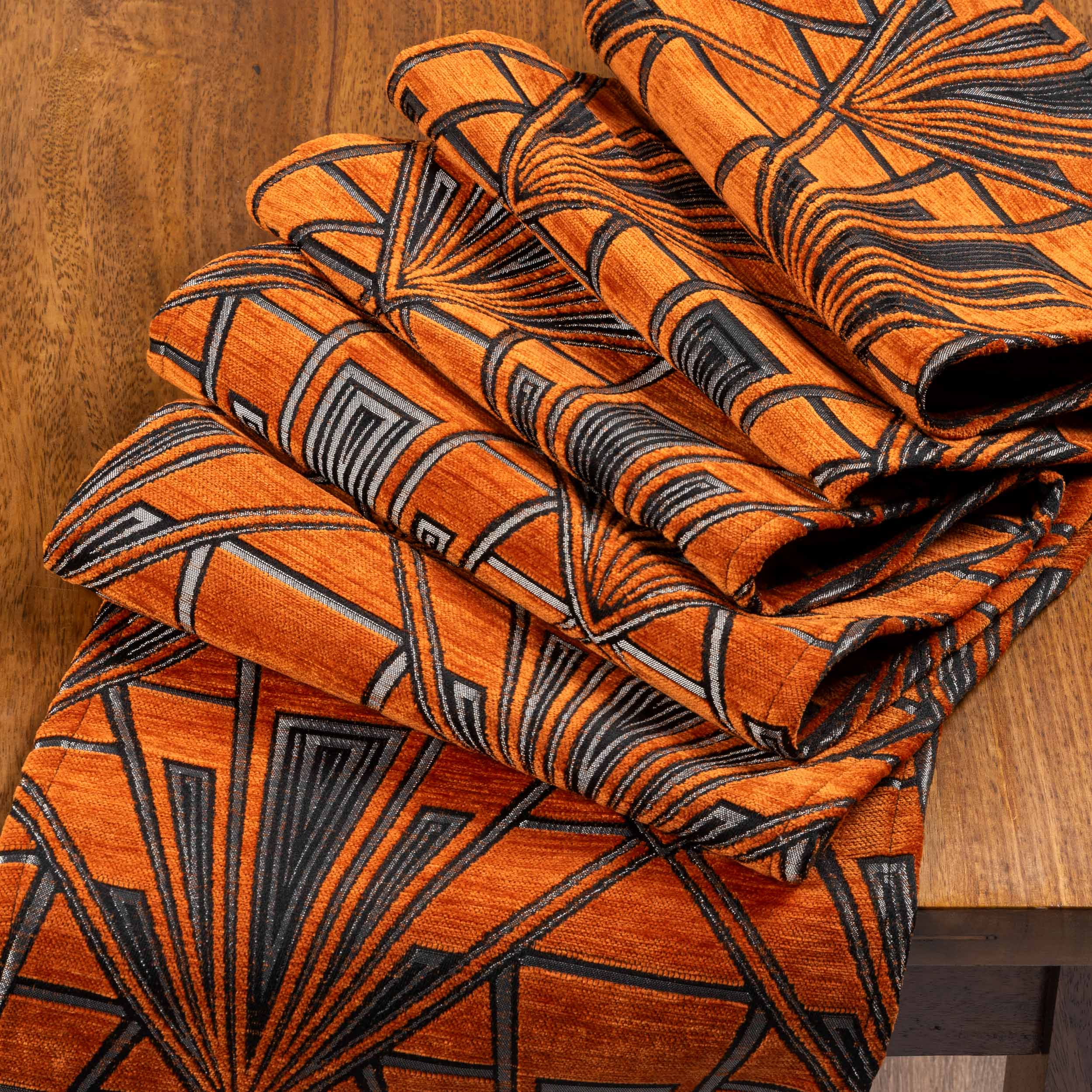 Art Deco Geometric Table Runner in Burnt Orange and Silver