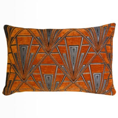 Art Deco Geometric Velvet Chenille XL Rectangular Cushion in Burnt Orange and Silver