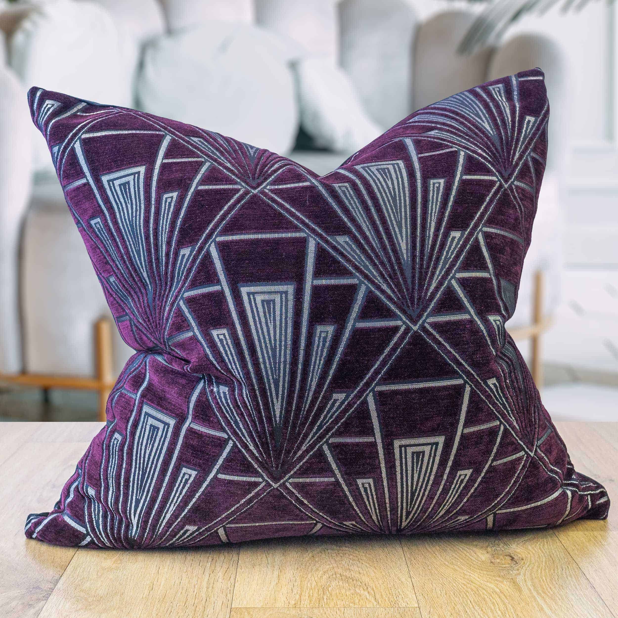 Art Deco Geometric Velvet Chenille Extra-Large Cushion in Purple