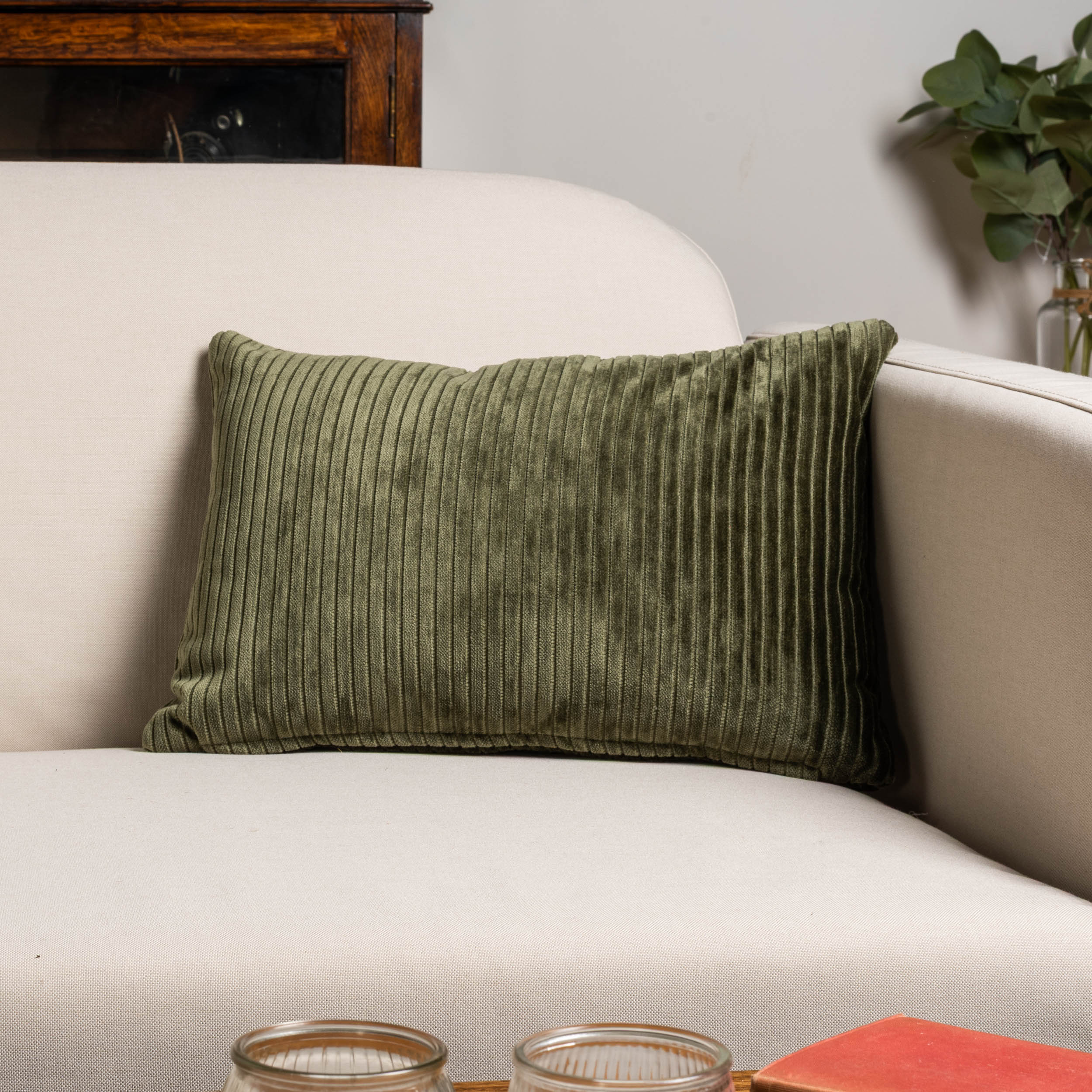 Velvet Jumbo Corduroy Boudoir Cushion in Olive Green