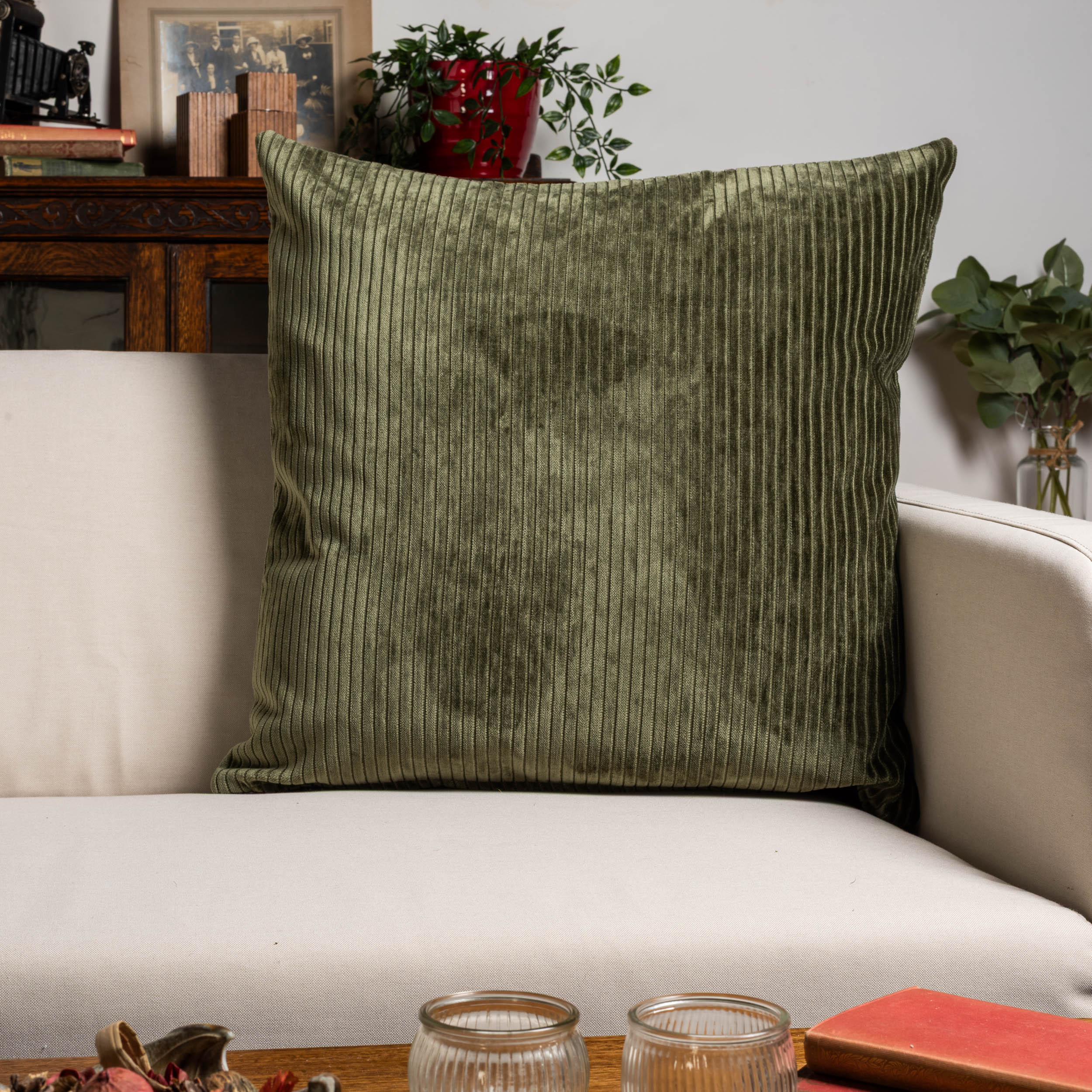 Velvet Jumbo Corduroy Extra-Large Cushion in Olive Green