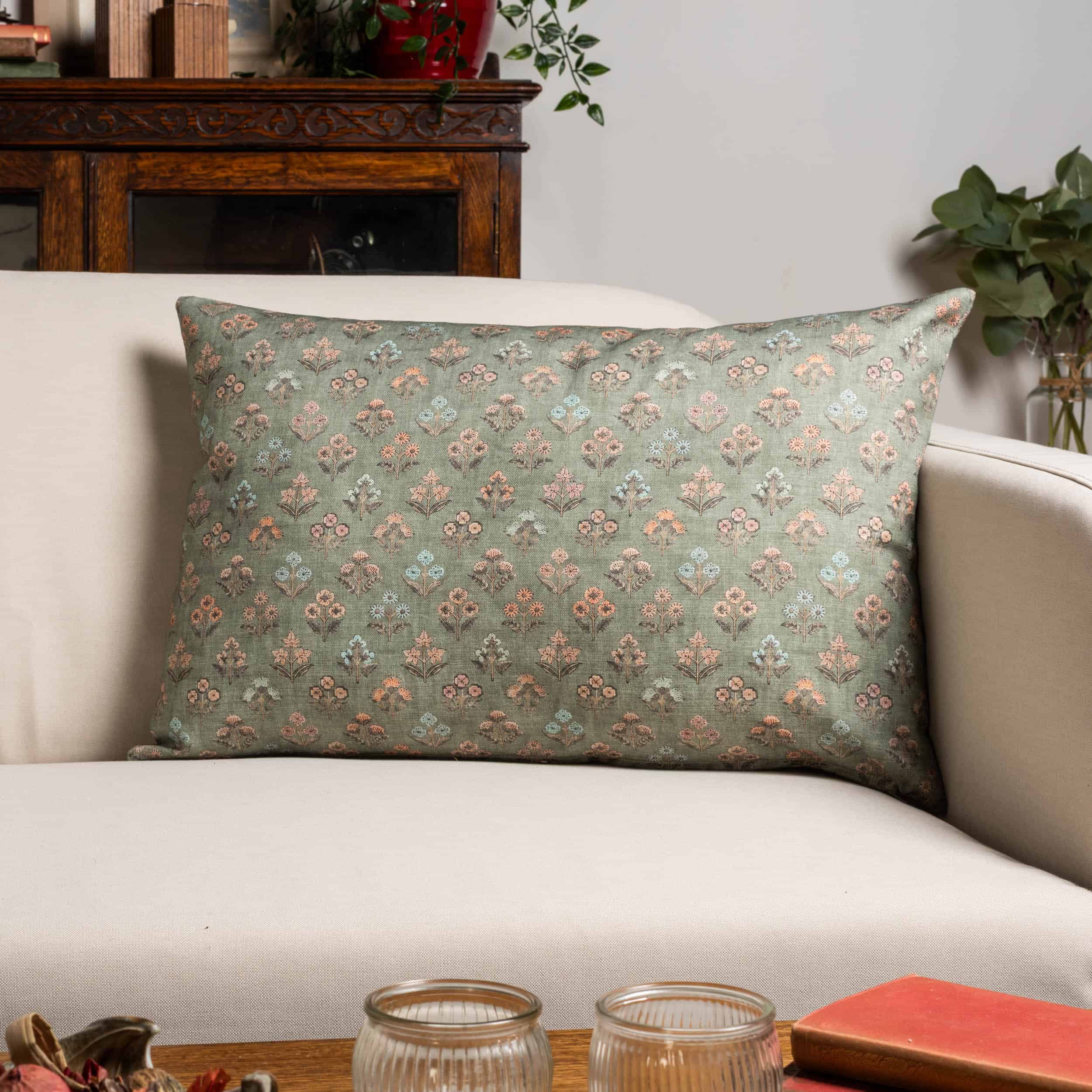 Vintage Meadow XL Rectangular Cushion in Willow Green