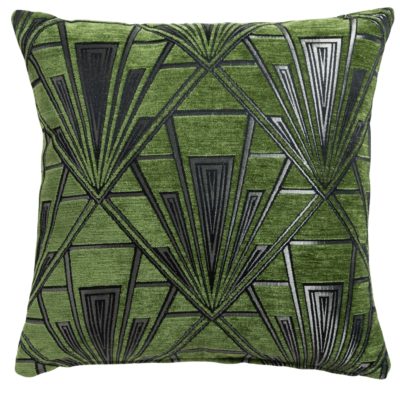 Art Deco Geometric Velvet Chenille Cushion in Moss Green