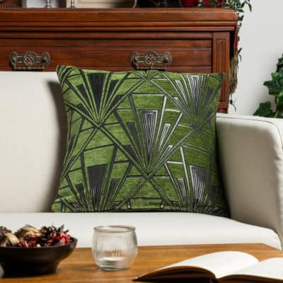 Art Deco Geometric Velvet Chenille Cushion in Moss Green