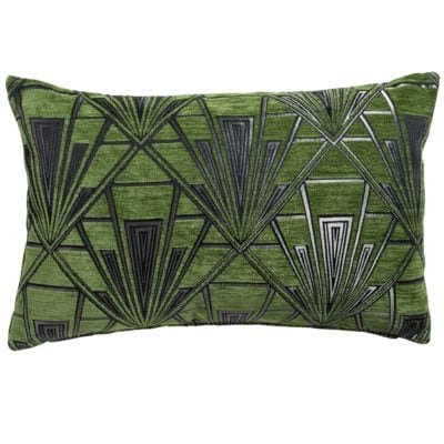 Art Deco Geometric Velvet Chenille XL Rectangular Cushion in Moss Green