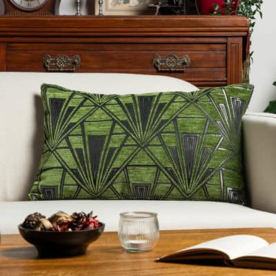 Art Deco Geometric Velvet Chenille XL Rectangular Cushion in Moss Green