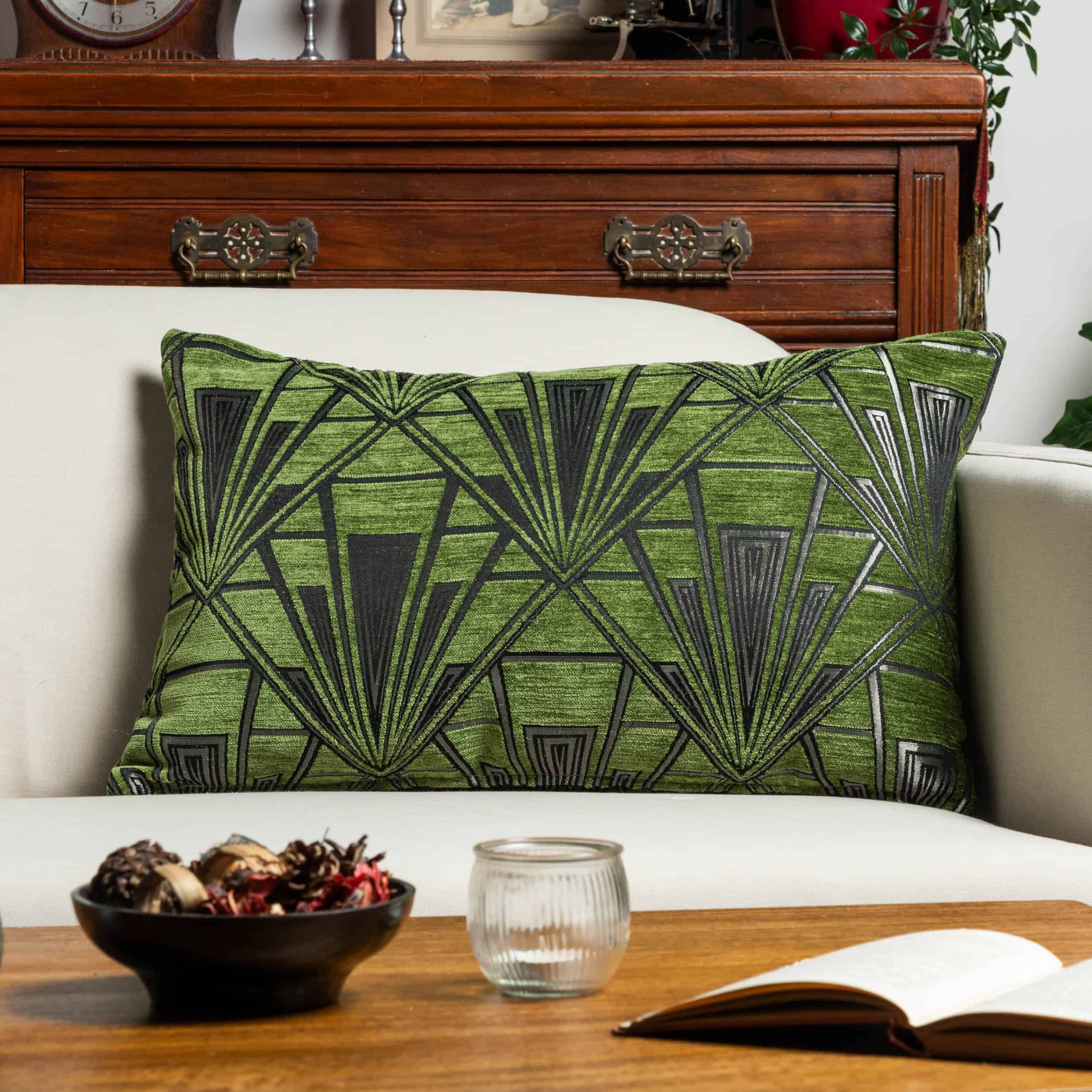 Art Deco Geometric Velvet Chenille XL Rectangular Cushion in Moss Green