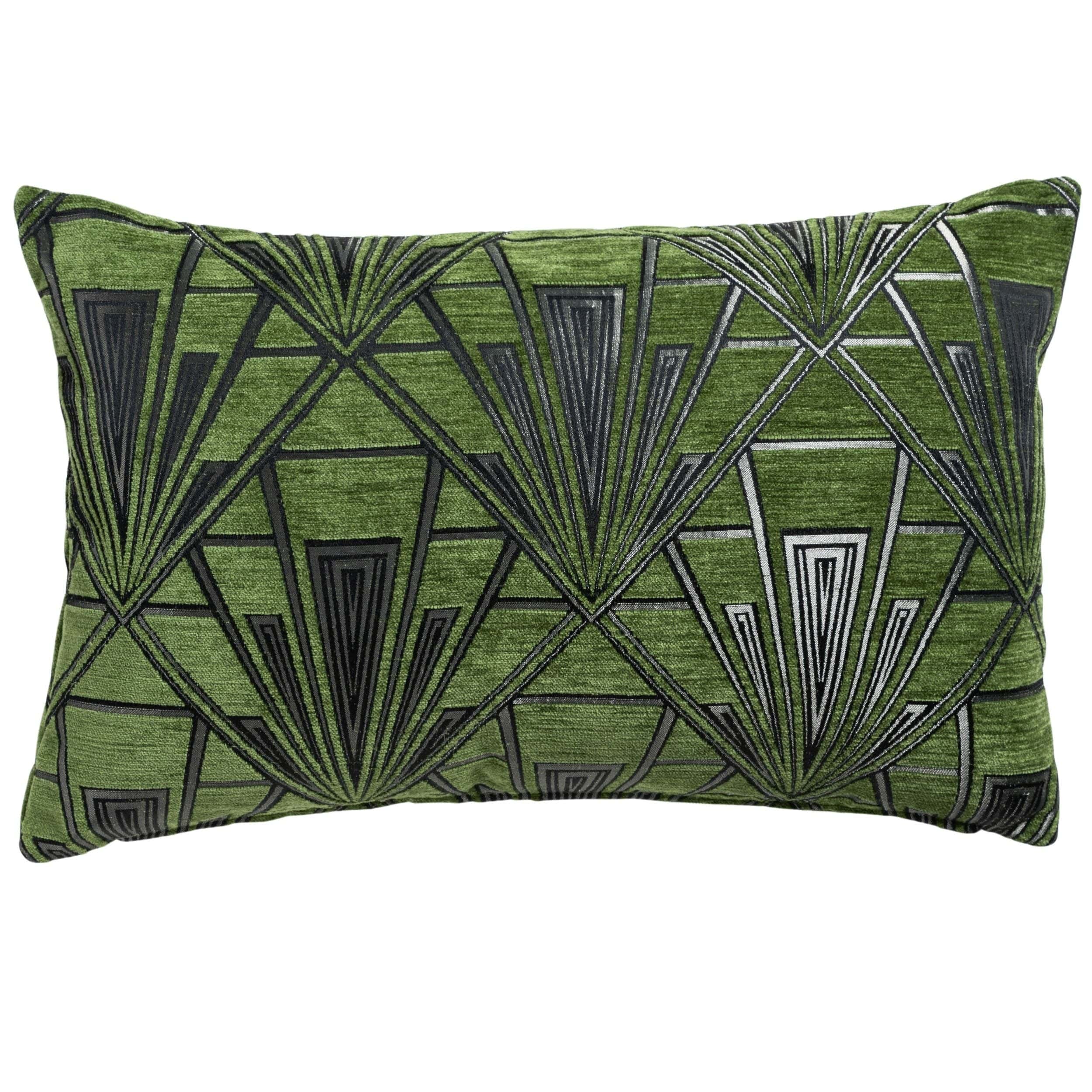 Art Deco Geometric Velvet Chenille XL Rectangular Cushion in Moss Green