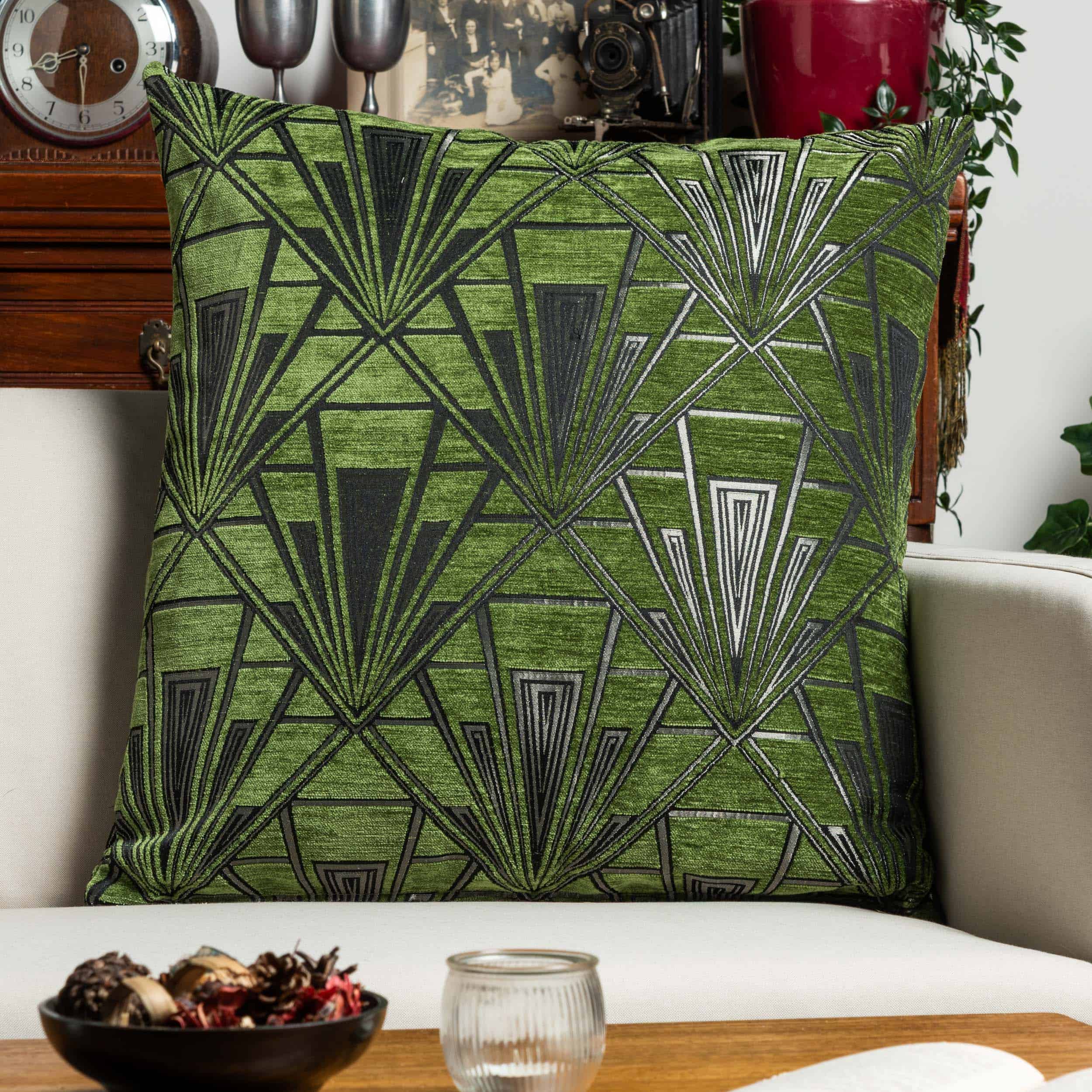 Art Deco Geometric Velvet Chenille Extra-Large Cushion in Moss Green