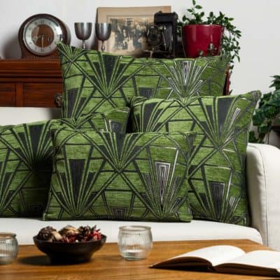 Art Deco Geometric Velvet Chenille Extra-Large Cushion in Moss Green