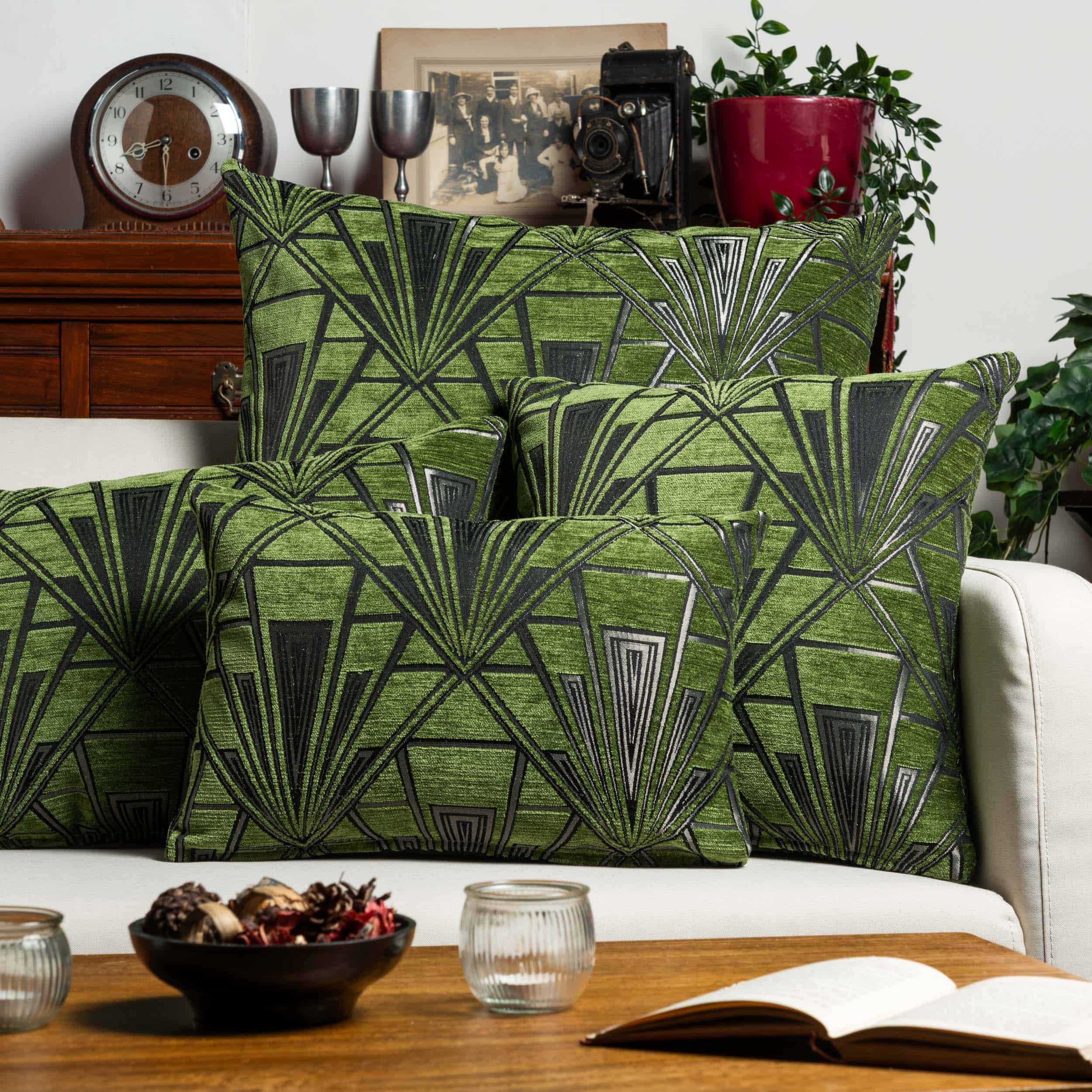 Art Deco Geometric Velvet Chenille Extra-Large Cushion in Moss Green